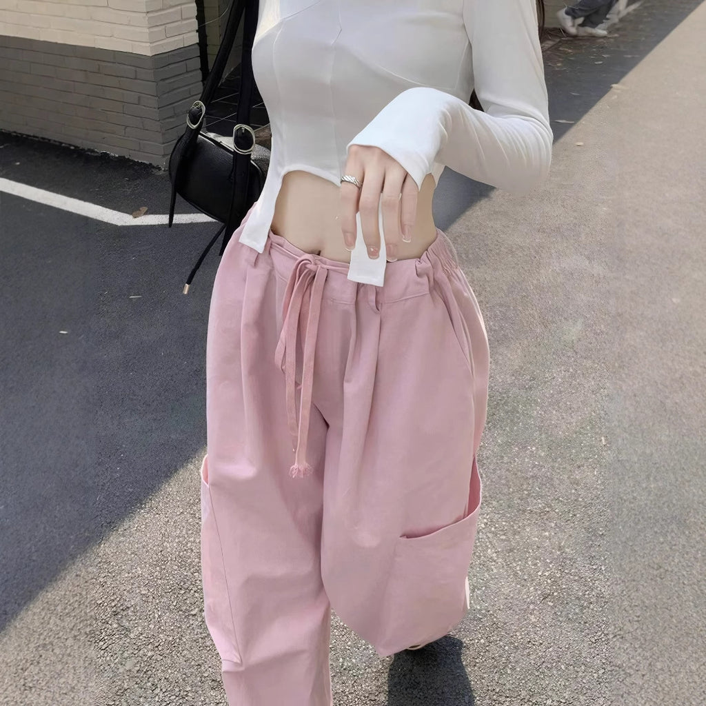 Pink High Waisted Lace Up Multi Pocket Straight Leg Pants Loose Fit