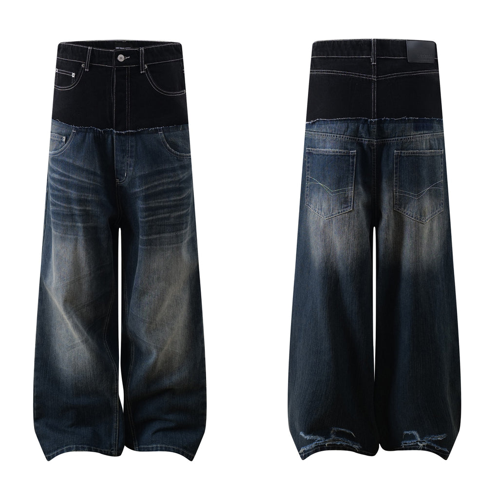 Patchwork Denim Long Pants Street Style Casual Loose Fit For Youth