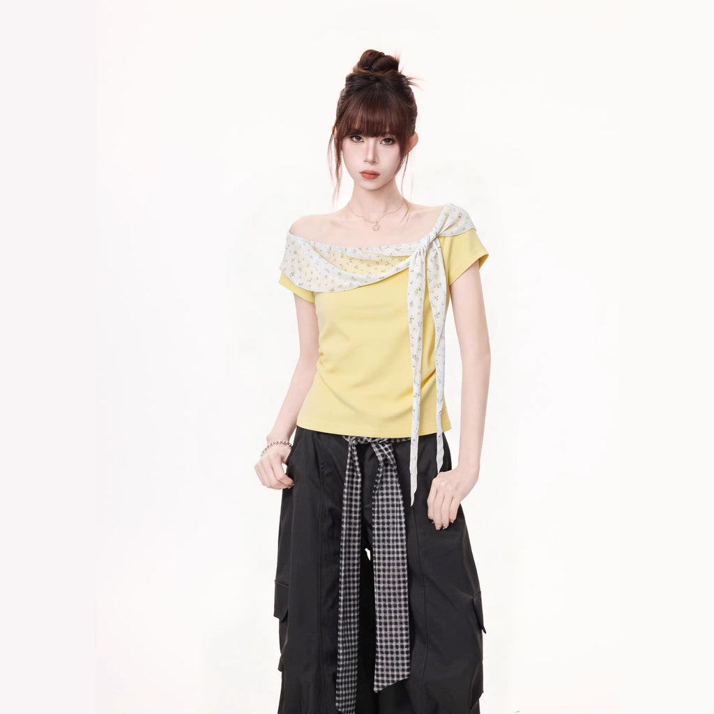 Womens Short Sleeve One Shoulder Top With False Two Piece Design Pleated Bow