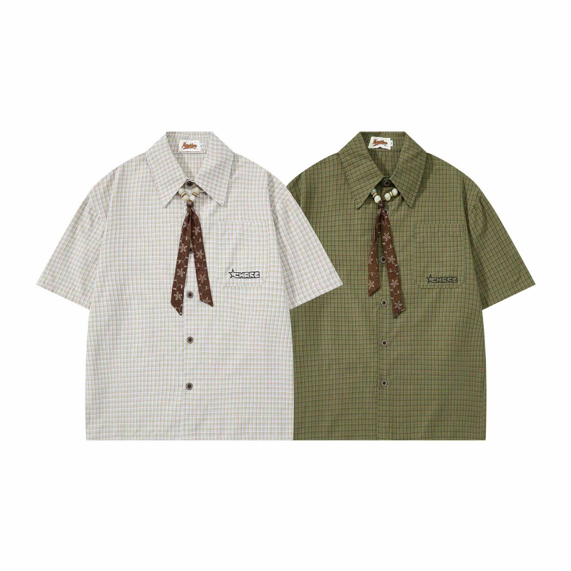 Green Off White Plaid Short Sleeve Cotton Shirt Loose Fit With Turn Down Collar