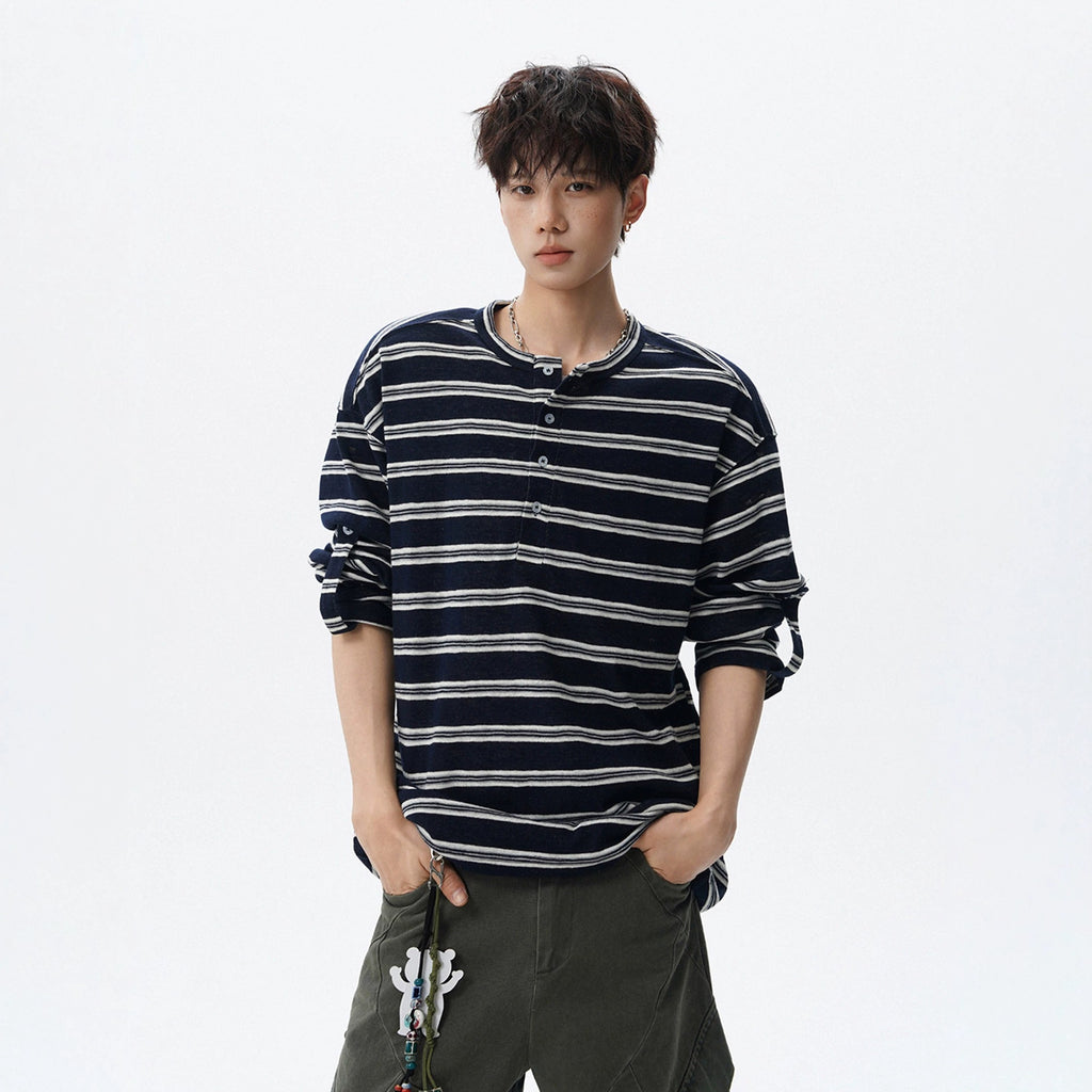 Black And White Stripe Henley Neck Long Sleeve Cotton T Shirt