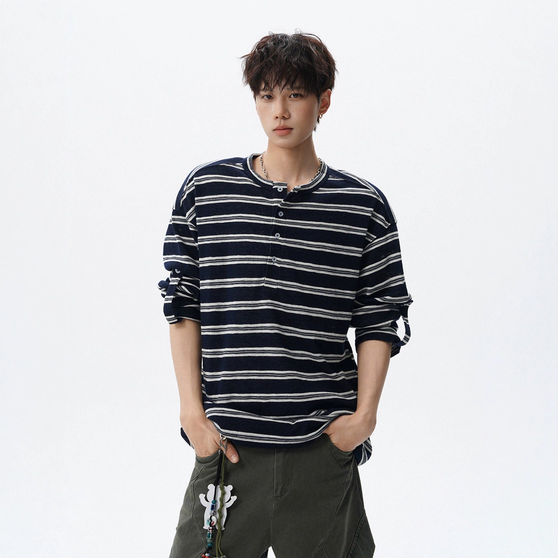 Black And White Stripe Henley Neck Long Sleeve Cotton T Shirt