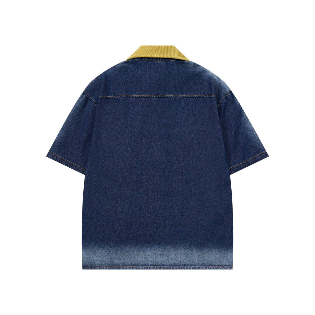 Cartoon Sticker Denim Short Sleeve Shirt Loose Fit With Turn Down Collar