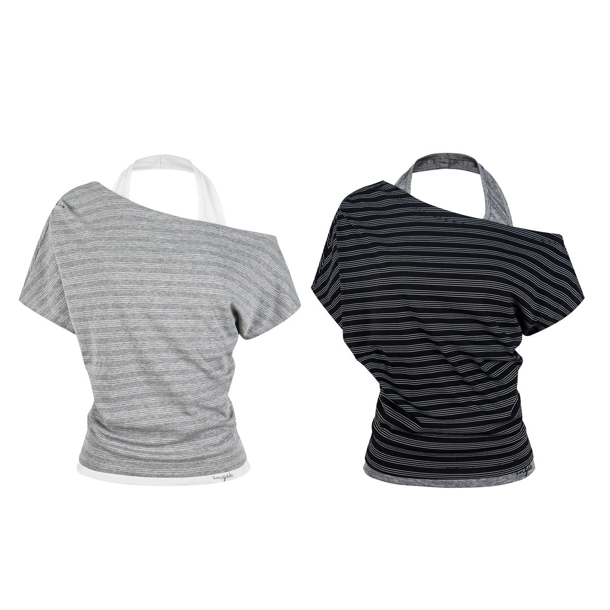 Cotton Blend Halter Neck Striped Asymmetrical Off Shoulder Cropped Top
