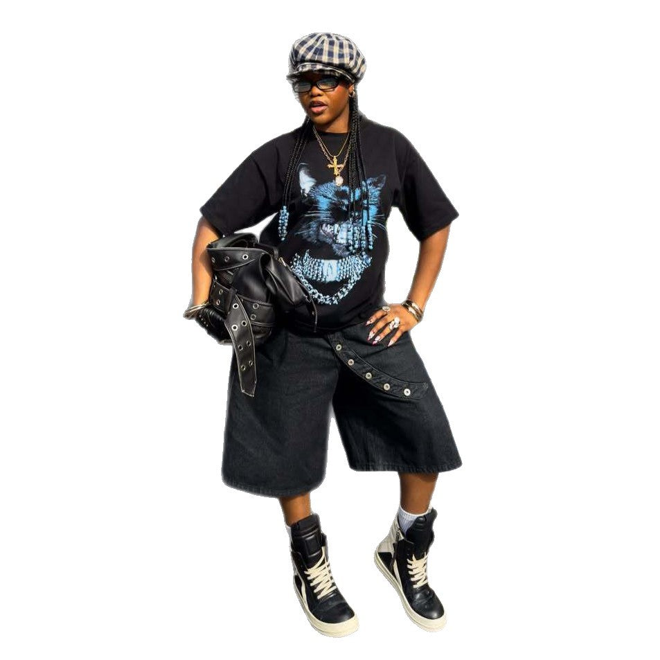 Asymmetrical Placket Denim Pants Black Seven Eighth Length For Street Fashion