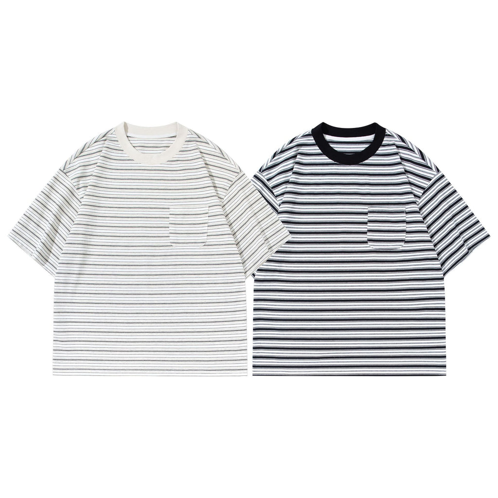 Color Blocking Pocket Striped Short Sleeve Shirt For Men Cotton Blend