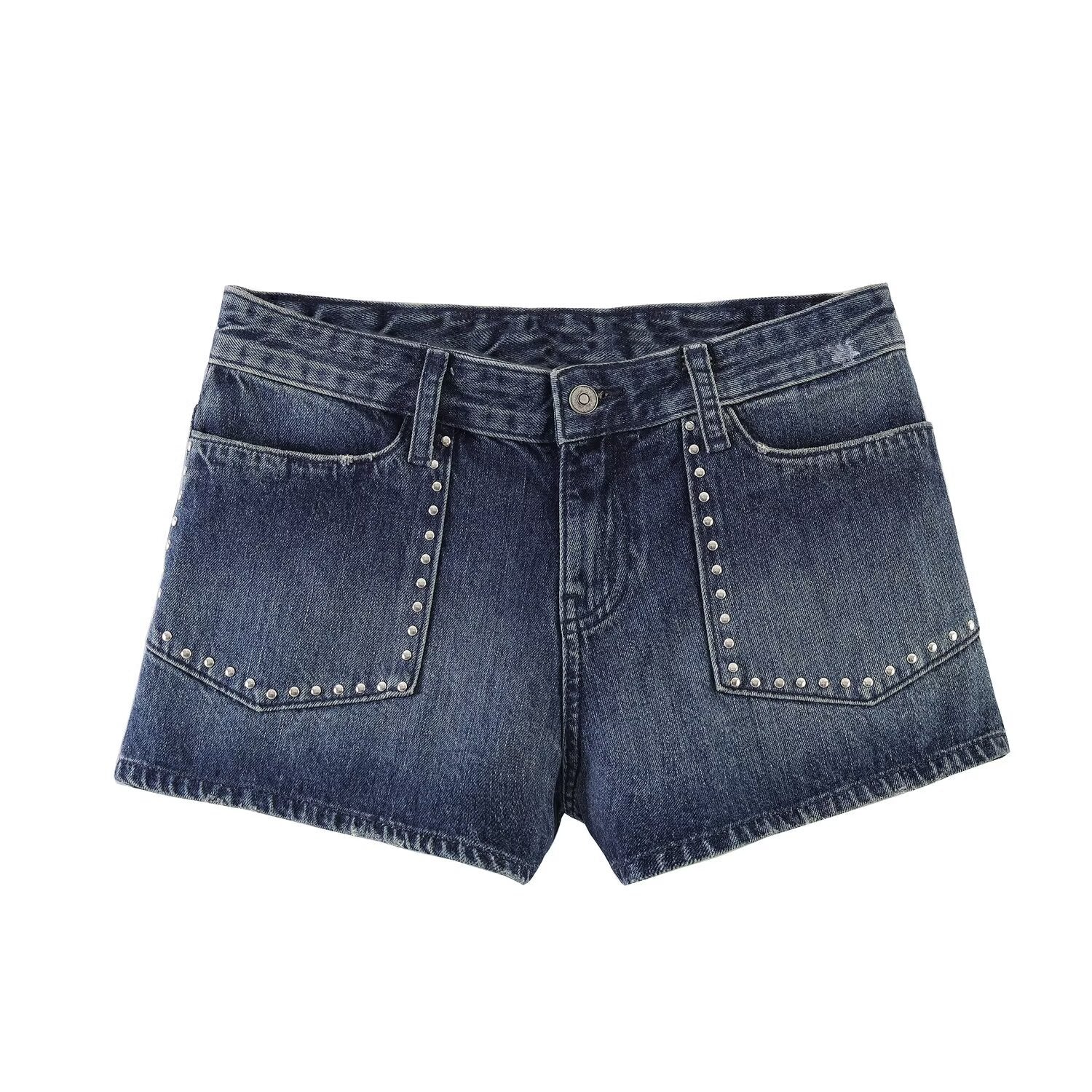 Navy Blue Denim Studded Shorts With Mid Low Waist For Casual Wear