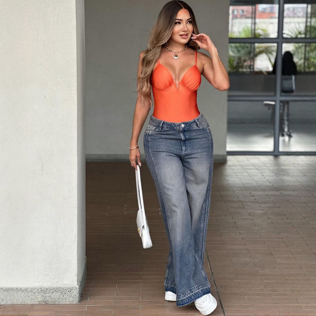 Womens High Waisted Wide Leg Jeans With Side Stripes Retro Denim