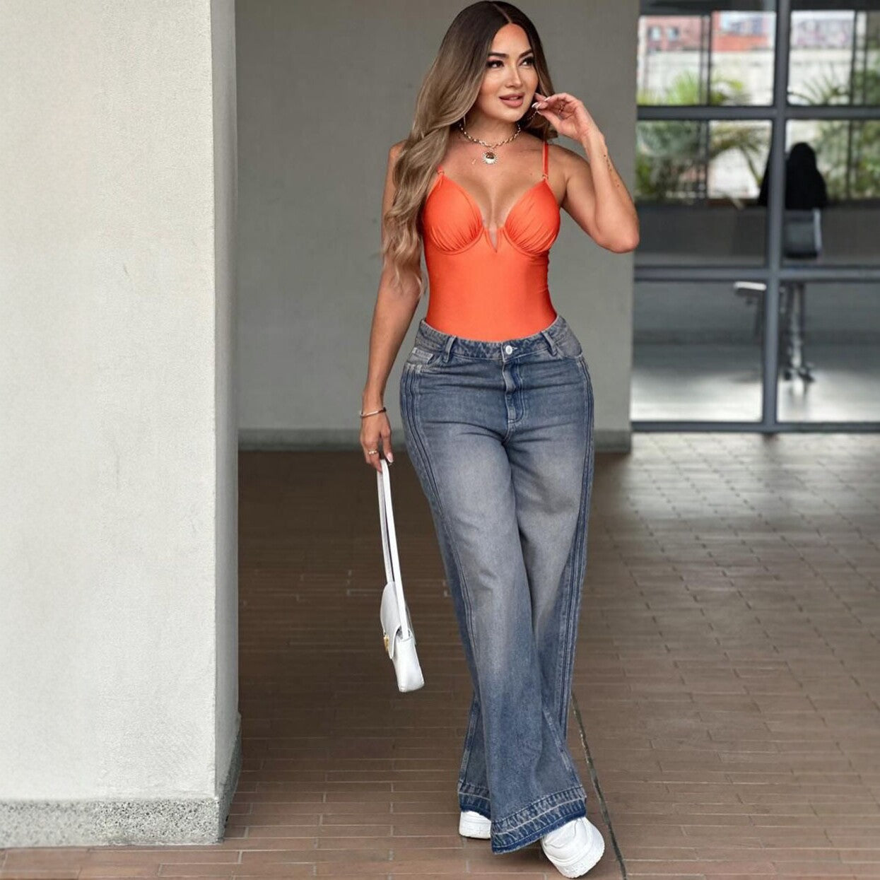 Womens High Waisted Wide Leg Jeans With Side Stripes Retro Denim