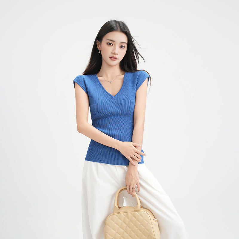 Dark Blue V Neck Knit Sheer T Shirt For Women Lightweight Three Quarter Sleeve