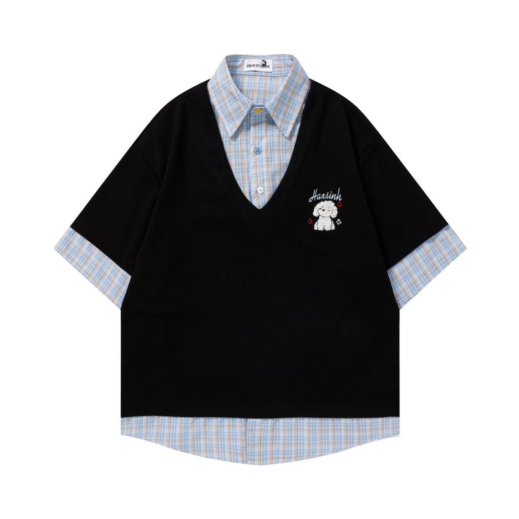 Small Dog Embroidered Checkered Shirt China Chic Alphabet Pattern Cotton Blend