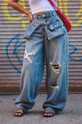 Layered Waist Design Straight Leg Jeans With Ripped Details In Blue Washed Denim