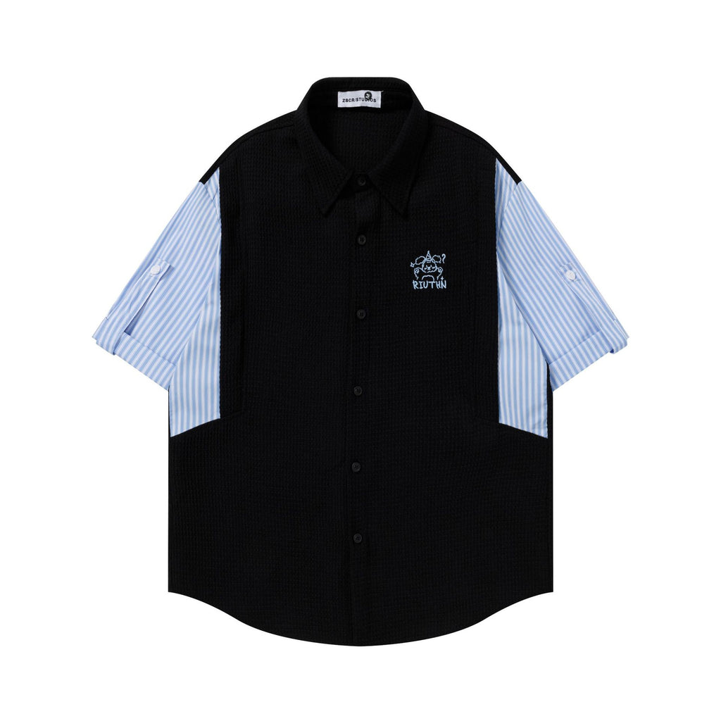Men's National Trend Splicing Striped Tee With Flip Collar Short Sleeves