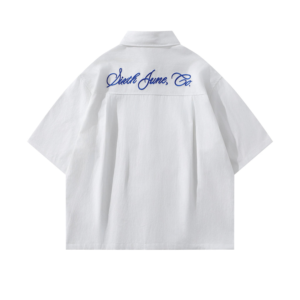 Embroidered Front And Back Letters Mens Short Sleeve Cotton Shirt Casual