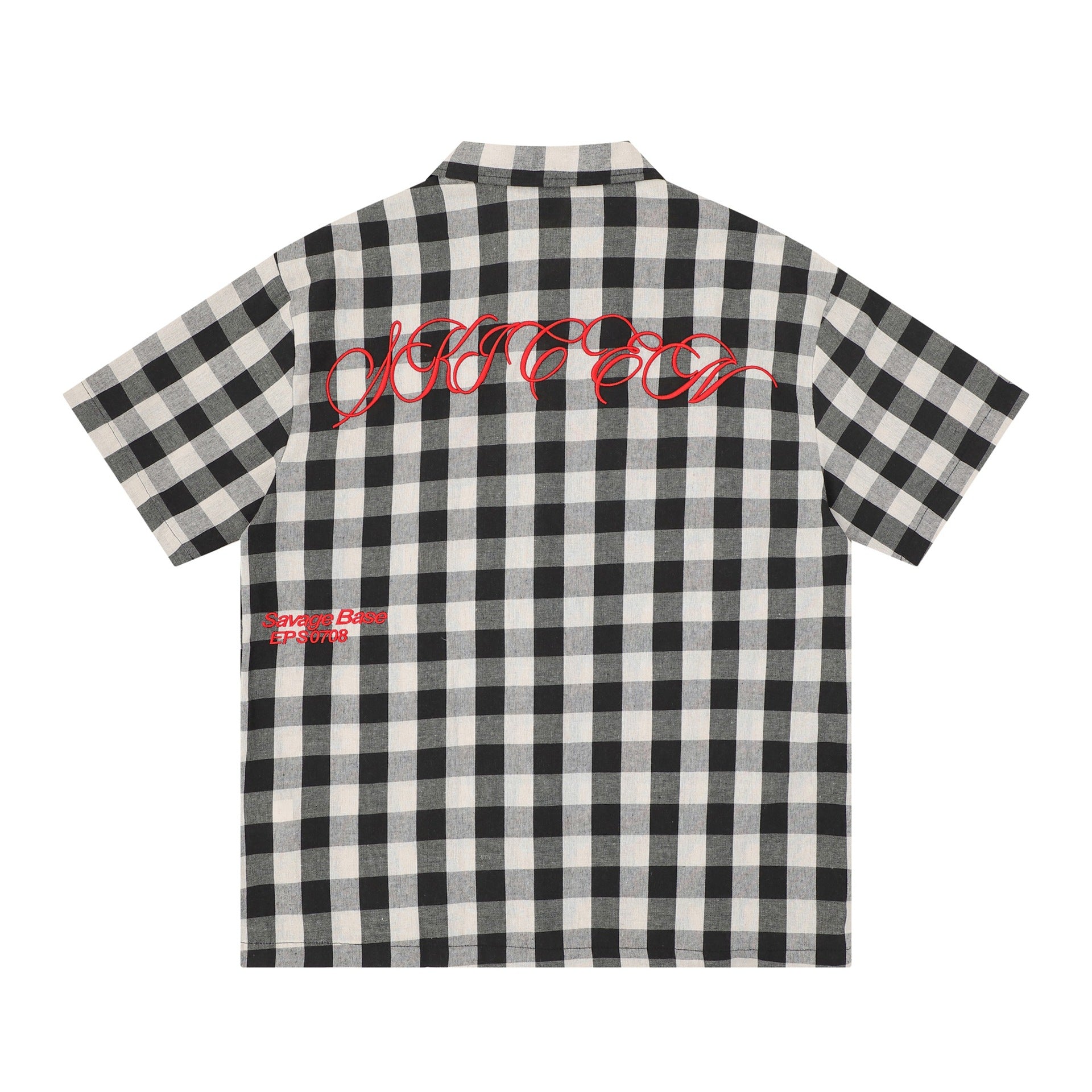 Mens Embroidered Plaid Short Sleeve Shirt With Flip Collar Pink And Black