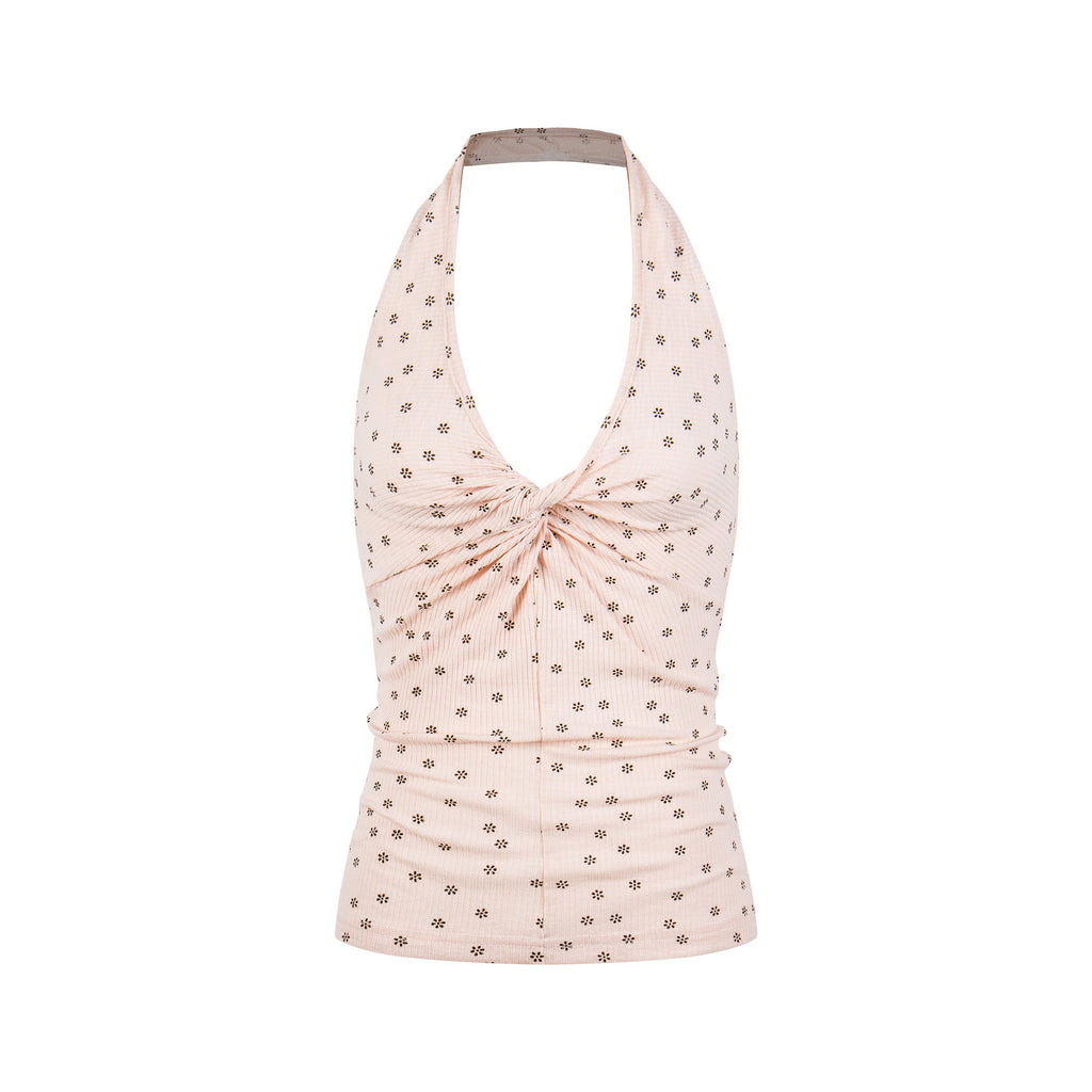 Floral Knit Top For Women Pink Short Sleeve Slim Fit
