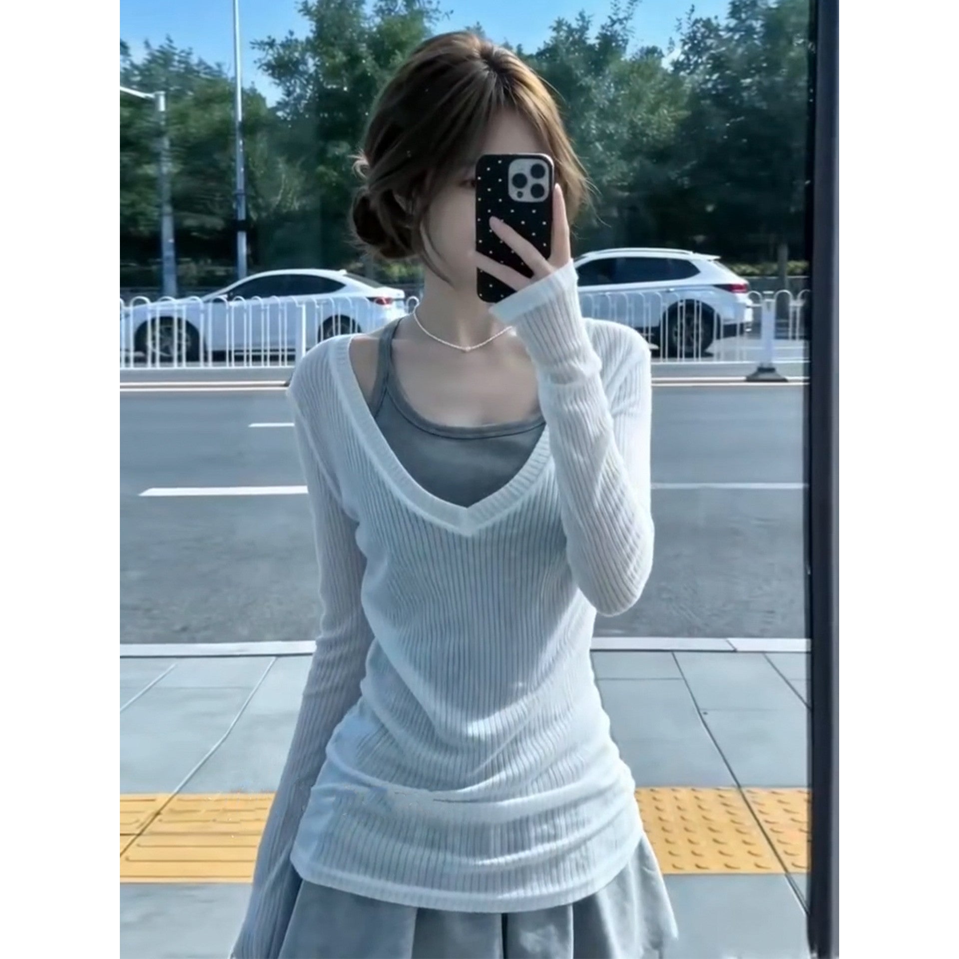 V Neck Knit Top Women Long Sleeve Pullover Solid Color Casual Style
