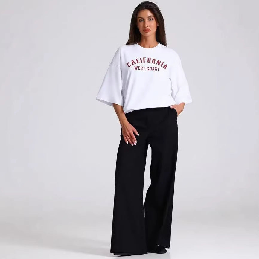 Letter Pattern Loose Fit Short Sleeve T Shirt For Women Cotton White