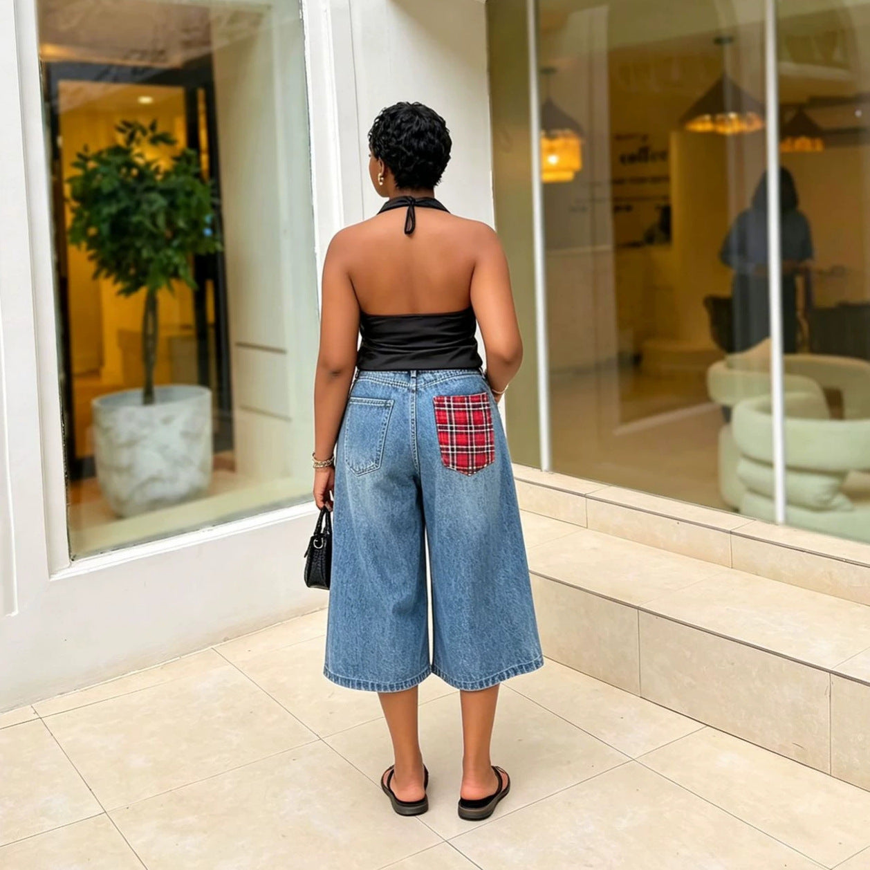 Blue Patchwork Checkered Washed Seven Quarter Denim Pants For Street Fashion