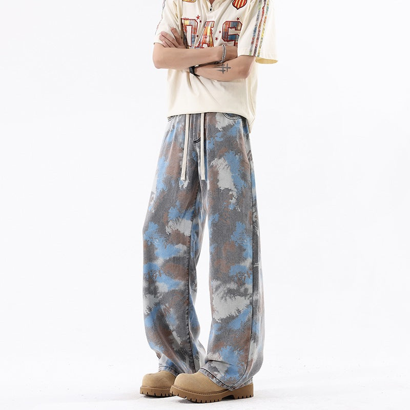 Streetwear Loose Patterned Lyocell Ice Silk Jeans With High Waist Drawstring