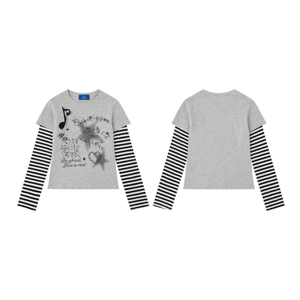 Heart Print Two Piece Long Sleeve Striped Color Block Top Slim Fit