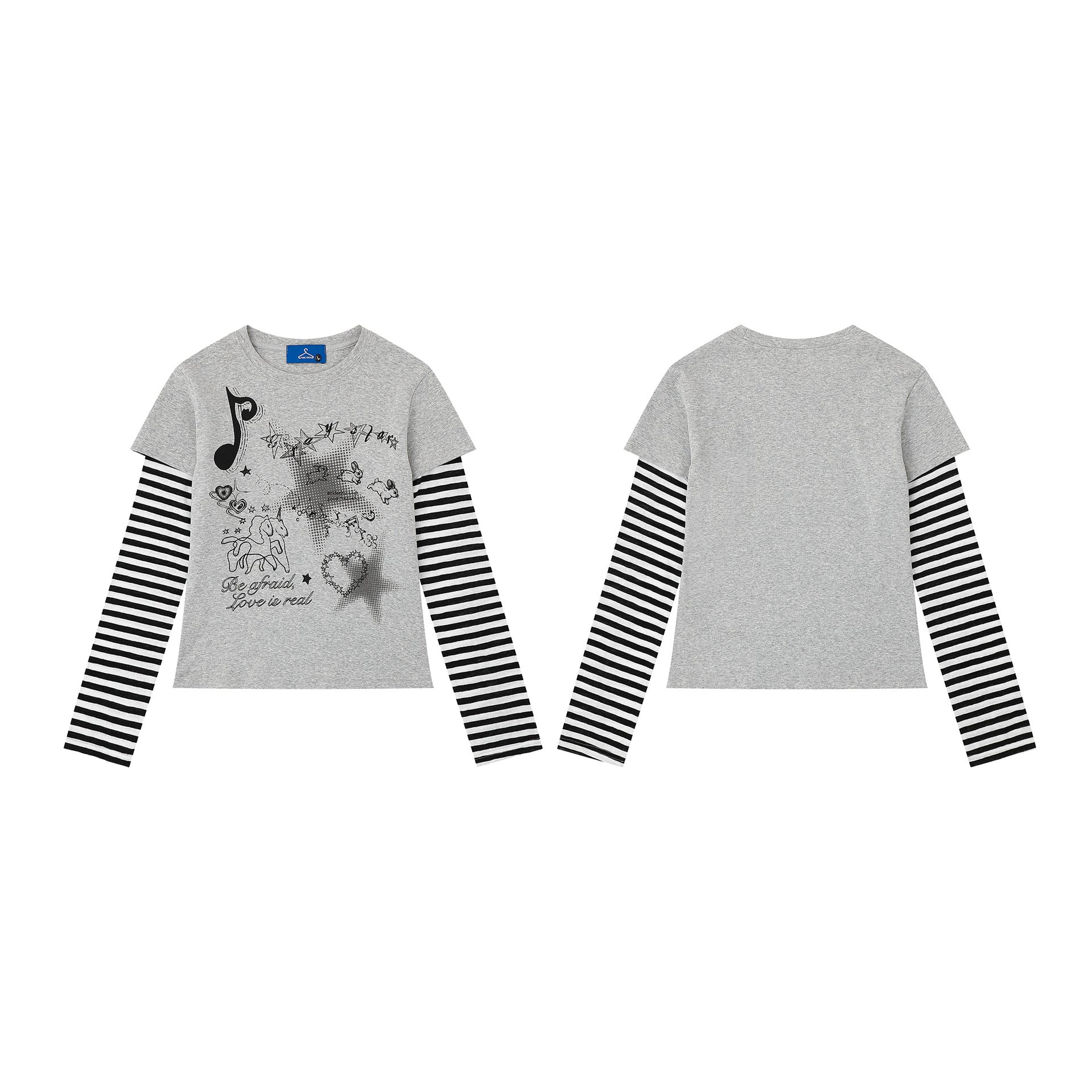 Heart Print Two Piece Long Sleeve Striped Color Block Top Slim Fit