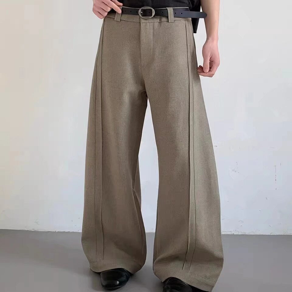 Khaki And Black Wide Leg Long Pants Loose Fit Polyester For Business Casual Men