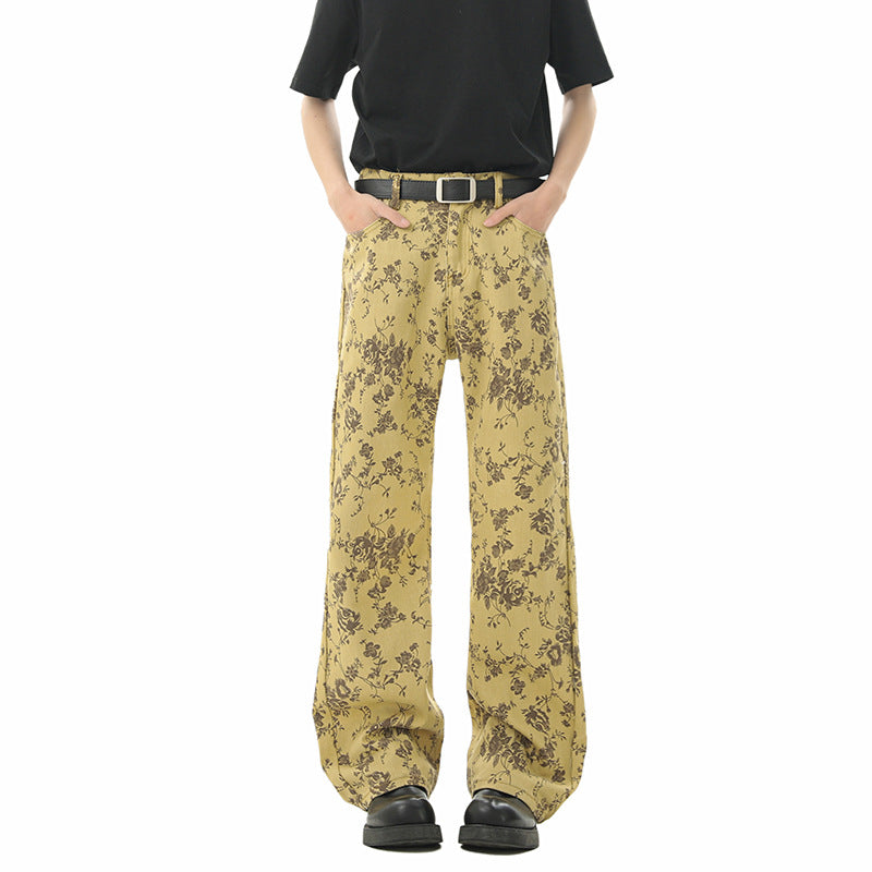 Yellow Mud Floral Allover Jacquard Denim Pants With Retro Embroidery