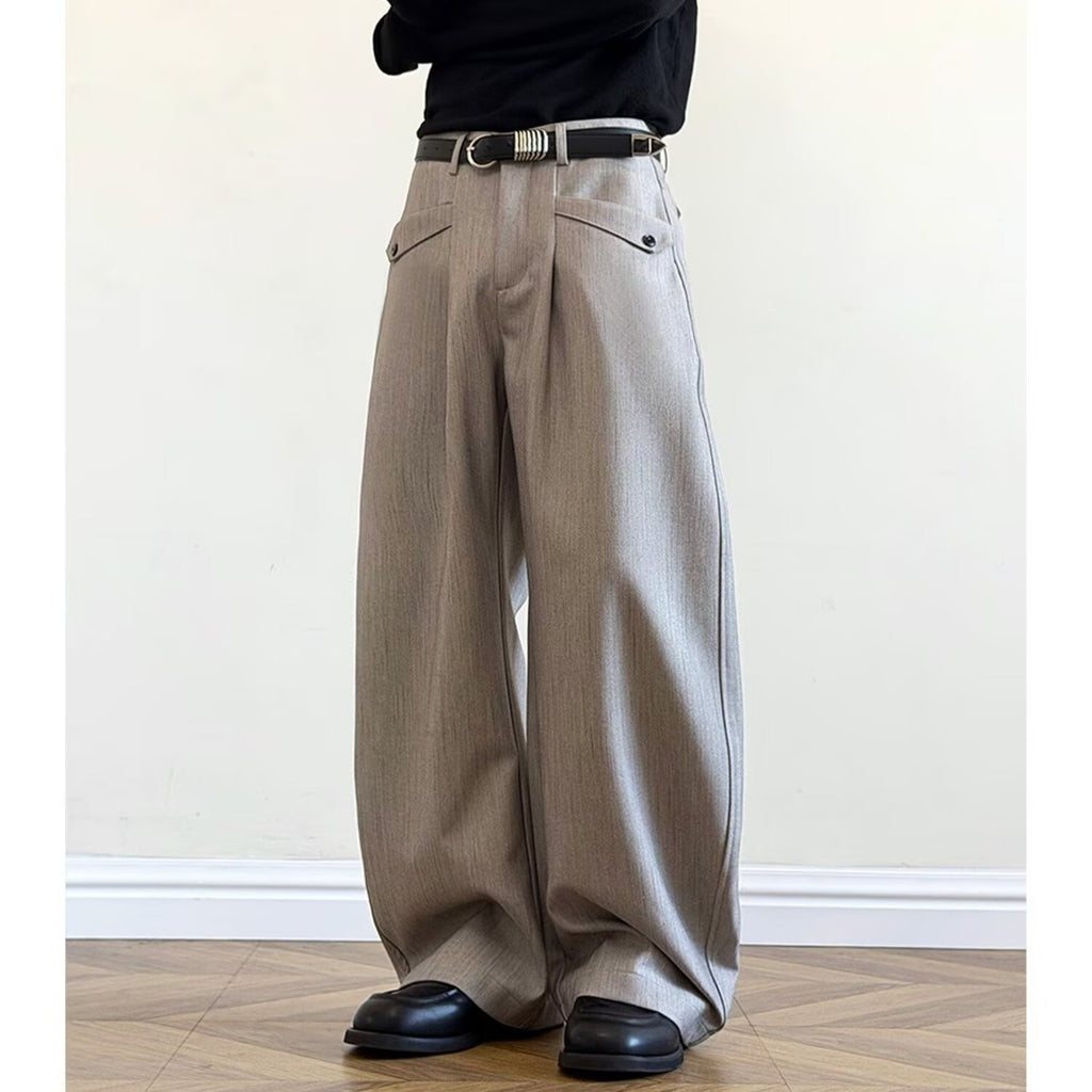 Vintage Preppy Pleated Knife Edge Trousers for Men in Gray