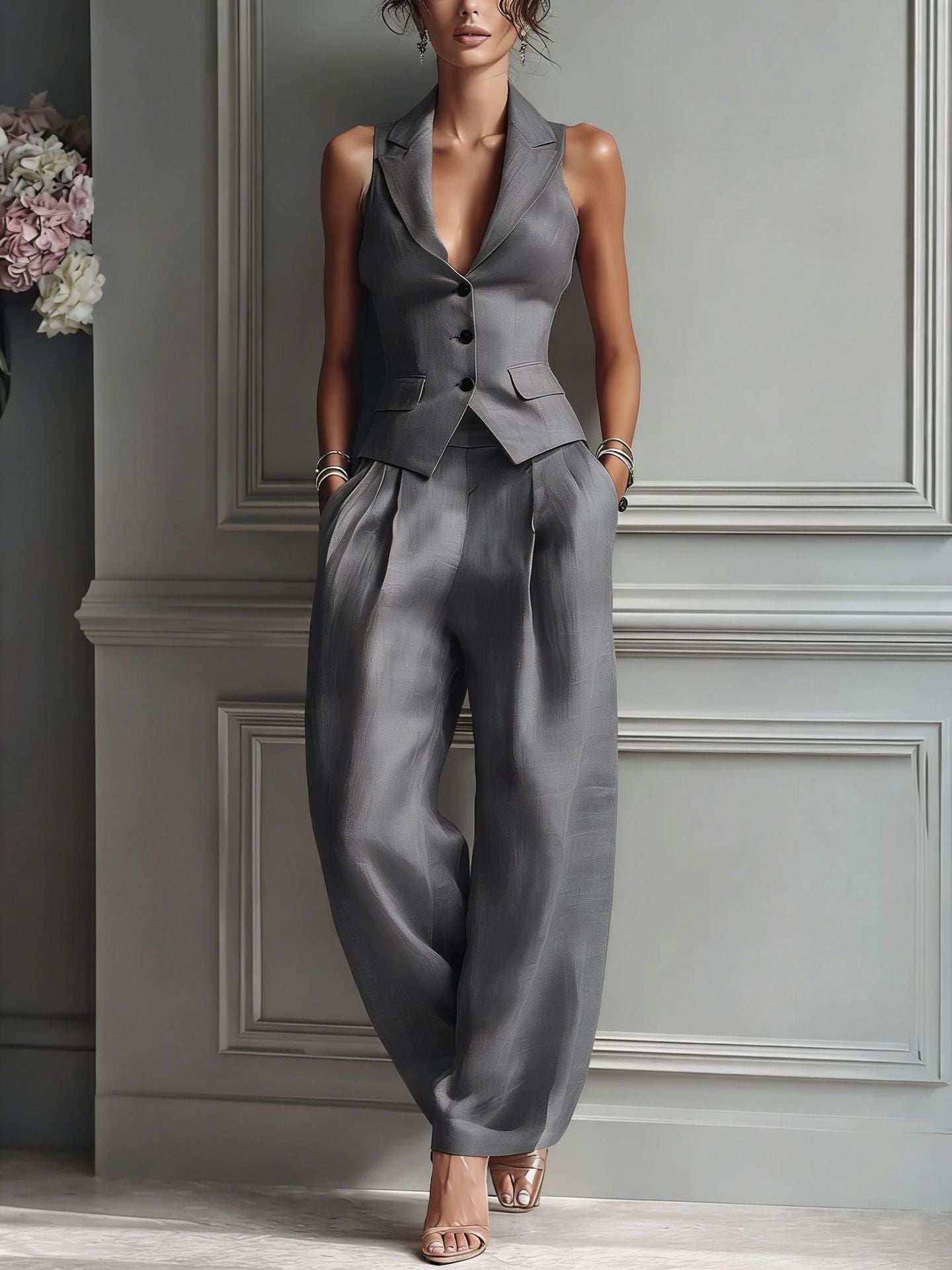 Flip Collar Sleeveless Vest And Long Pants Two Piece Set For Women Summer Casual