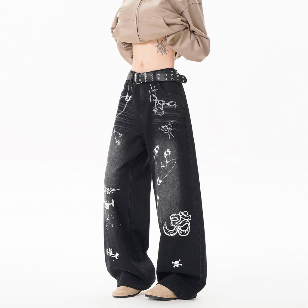 Vintage Graffiti Denim Pants Loose Fit Hip Hop Style