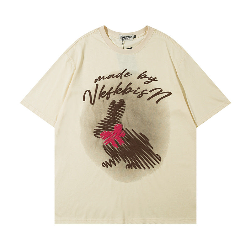 Graffiti Rabbit Print Short Sleeve Shirt Cotton Blend Casual