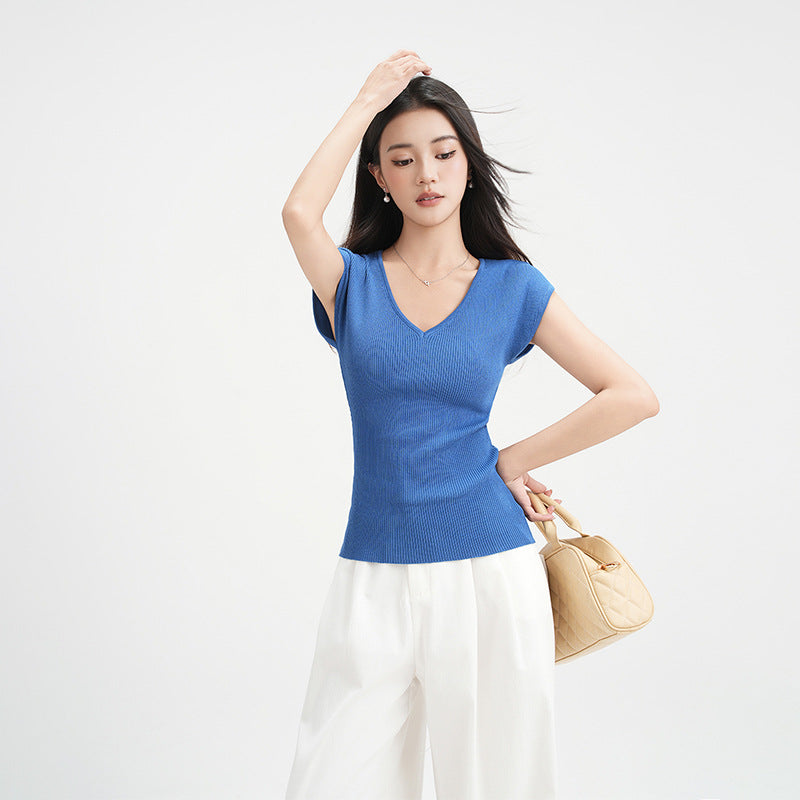Dark Blue V Neck Knit Sheer T Shirt For Women Lightweight Three Quarter Sleeve