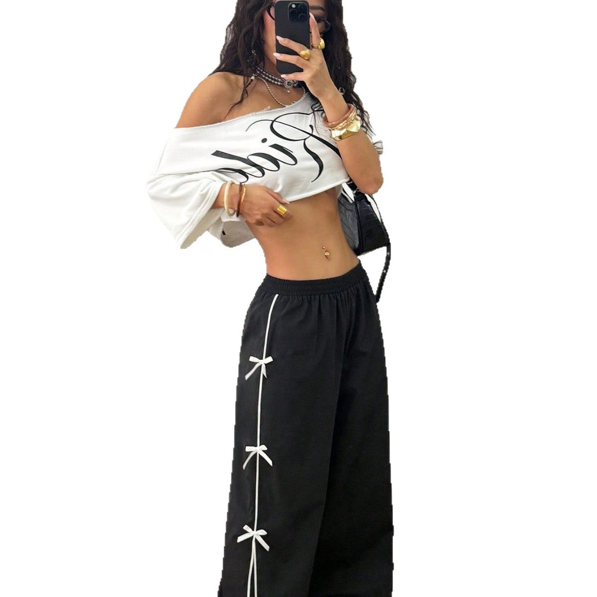 Women Elastic Waist Straight Leg Pants Black Polyester Casual Wear