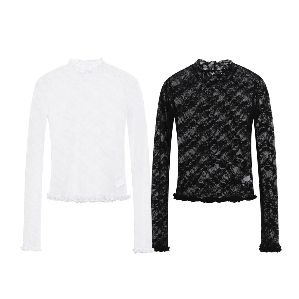 Women's Lace Trim Ruffled Neck Top With Mesh Inner Layer Long Sleeve