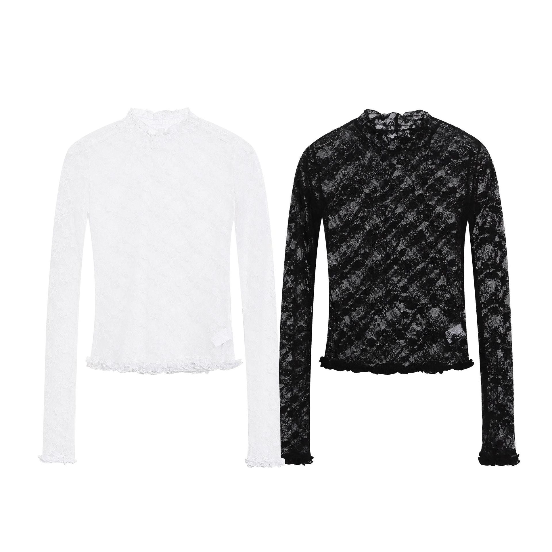 Women's Lace Trim Ruffled Neck Top With Mesh Inner Layer Long Sleeve