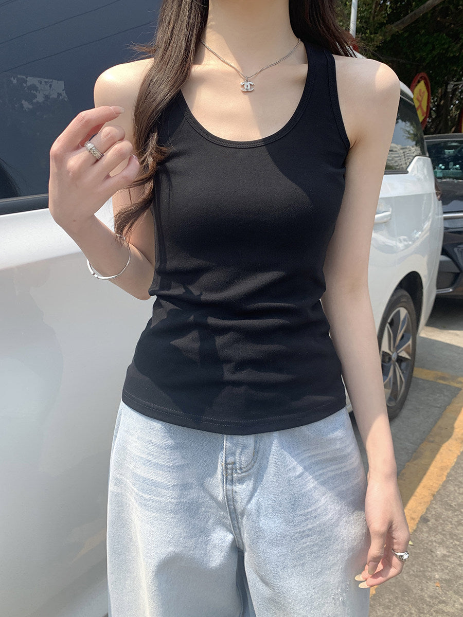 Women U Neck Sleeveless Tank Top Slim Fit Solid Colors