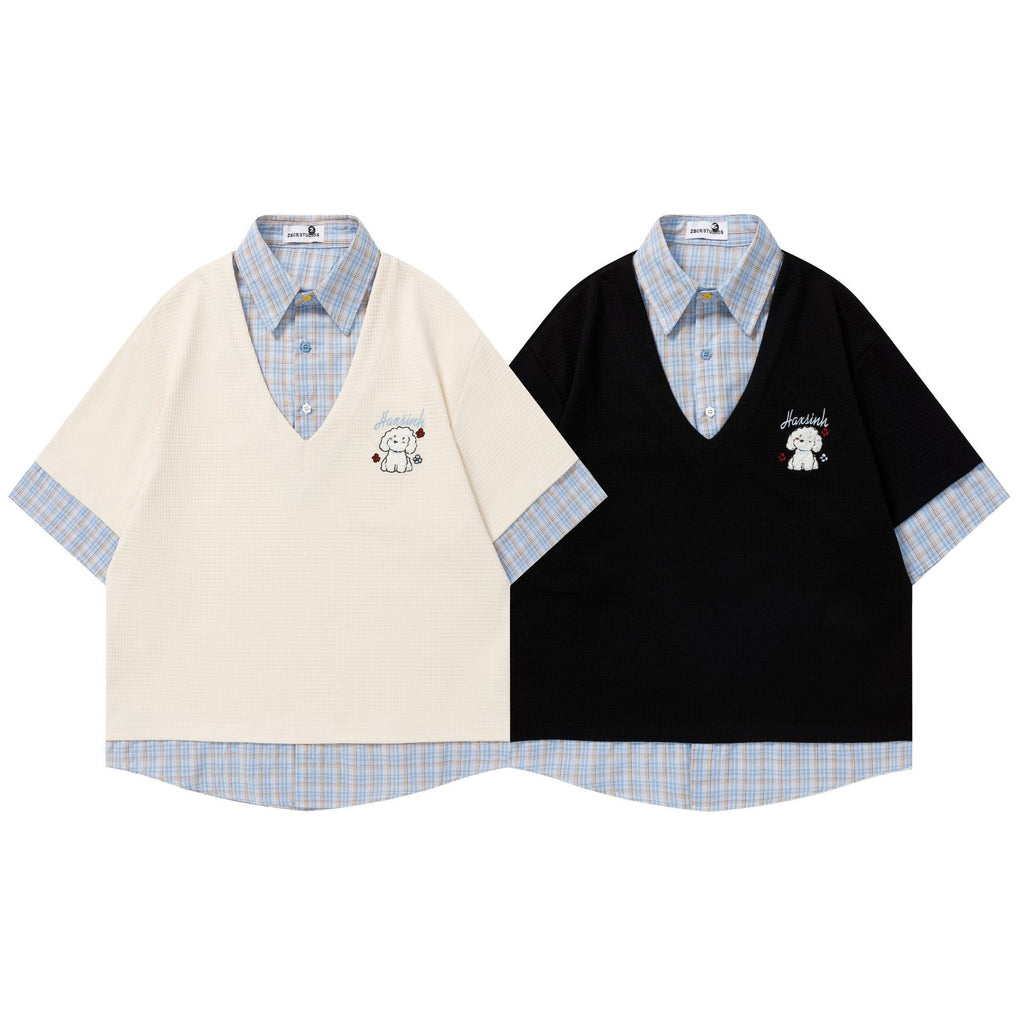 Small Dog Embroidered Checkered Shirt China Chic Alphabet Pattern Cotton Blend