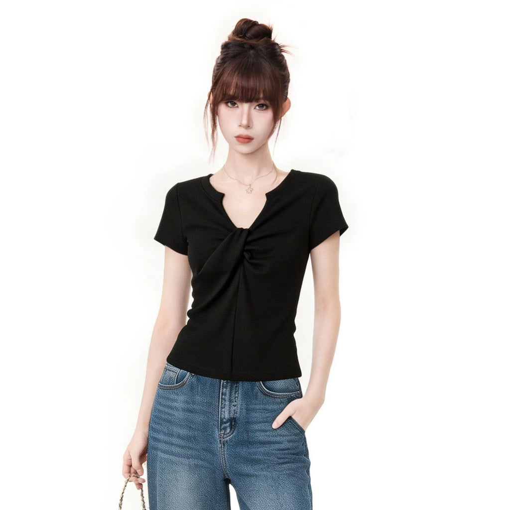 V Neck Knot Design Off Shoulder Tee Women Slim Fit Summer Top