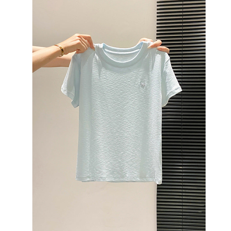 Small Batch Embroidered Round Neck Short Sleeve Tee With Patchwork
