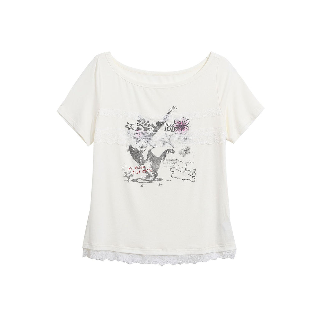 Guitar Cat Patchwork Printed Tee Cropped Top Lace Detail