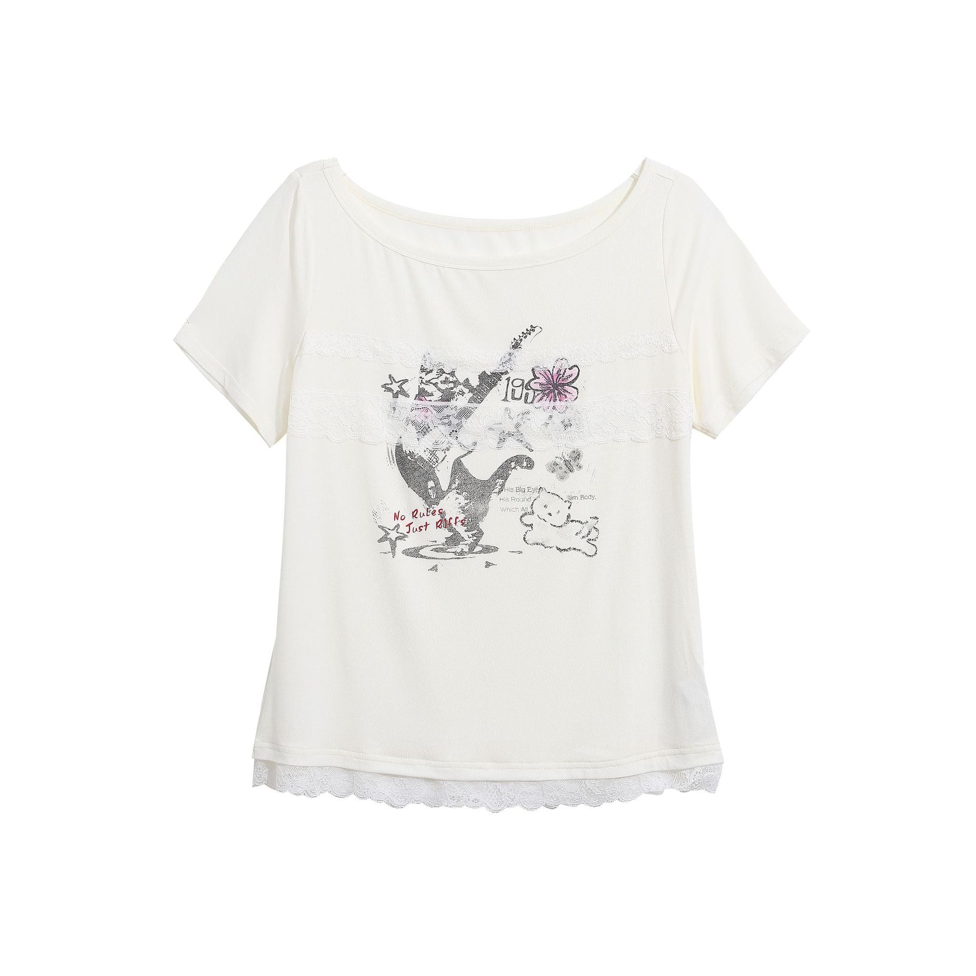 Guitar Cat Patchwork Printed Tee Cropped Top Lace Detail