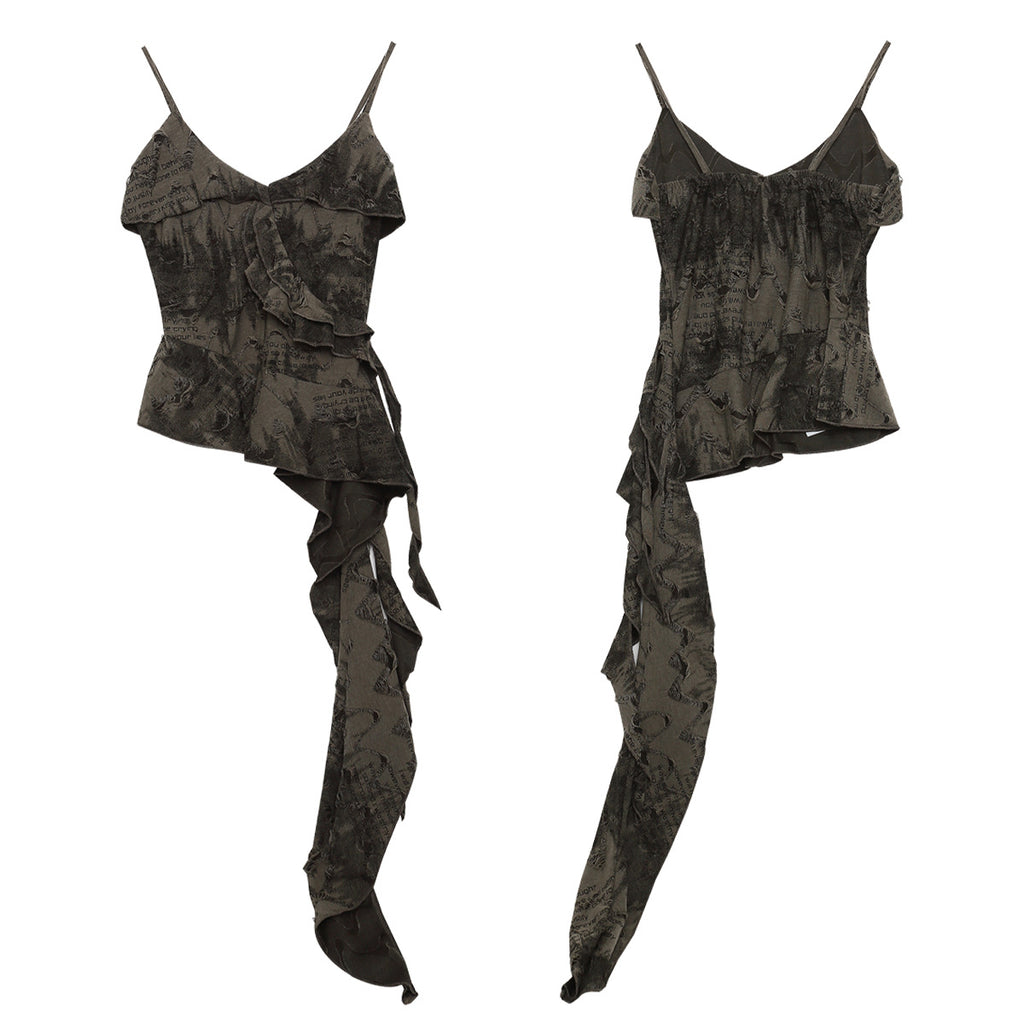 Army Green Tie Dye Ruffled Strap Crop Top Slimming Fit
