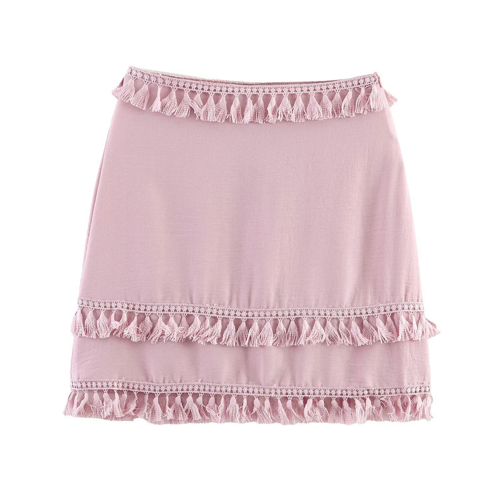 Spicy Tassel Lace High Waist Short Skirt In Lotus Pink Or Green