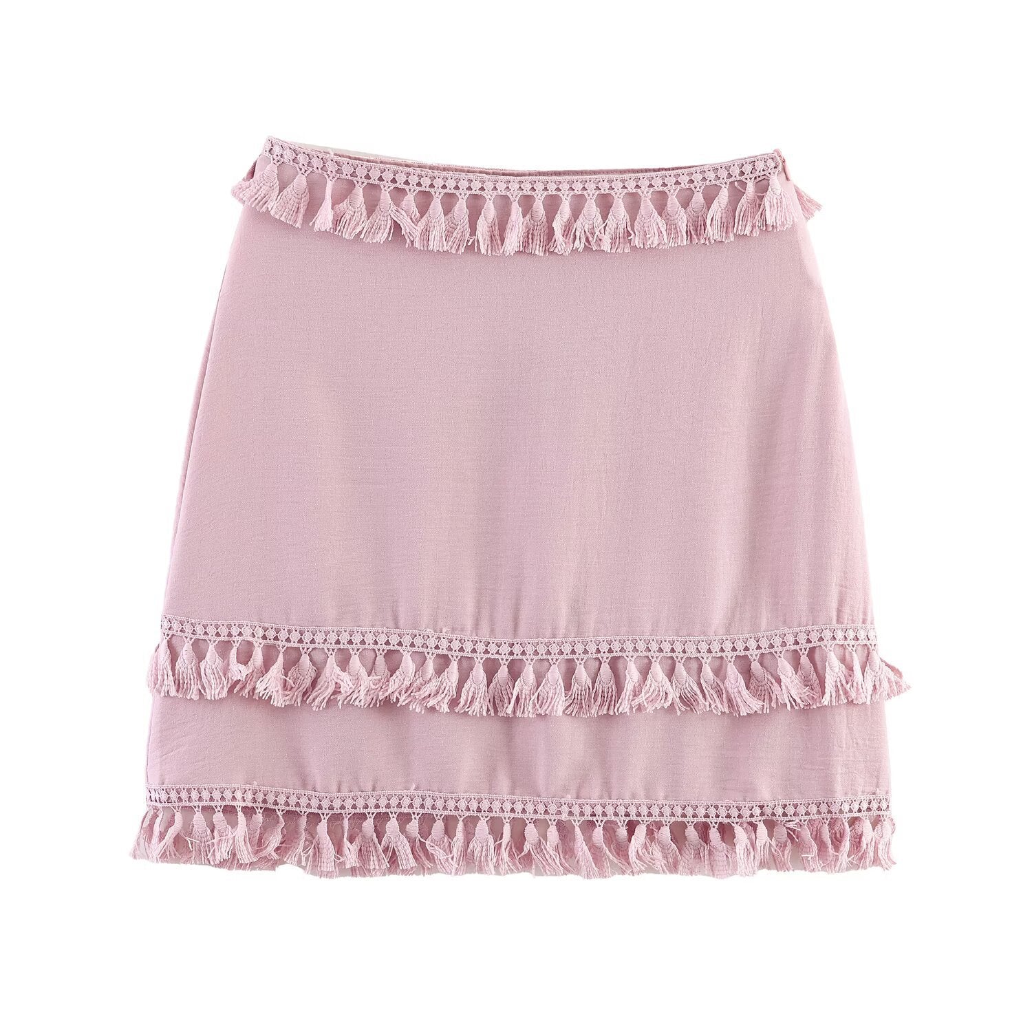 Spicy Tassel Lace High Waist Short Skirt In Lotus Pink Or Green