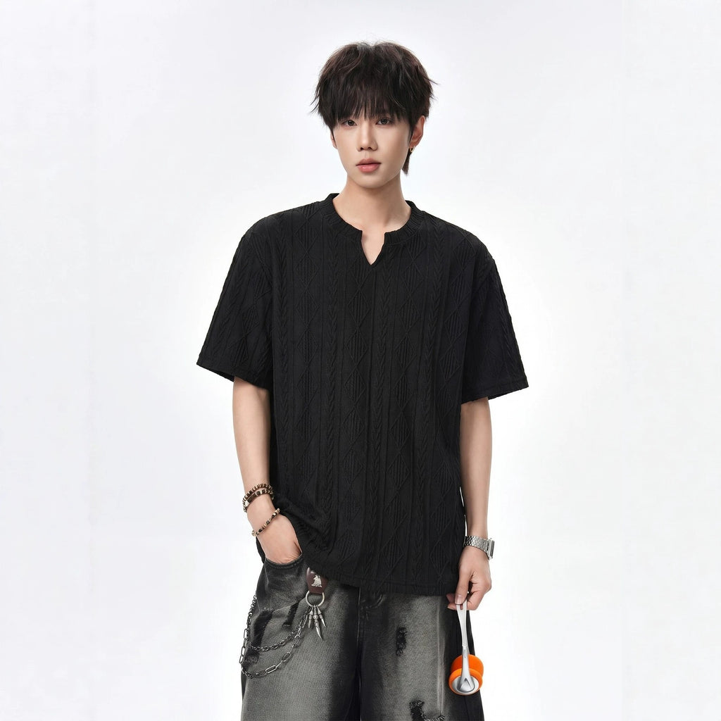 White Textured Hollow Out V Neck Short Sleeve Loose Fit T Shirt For Men
