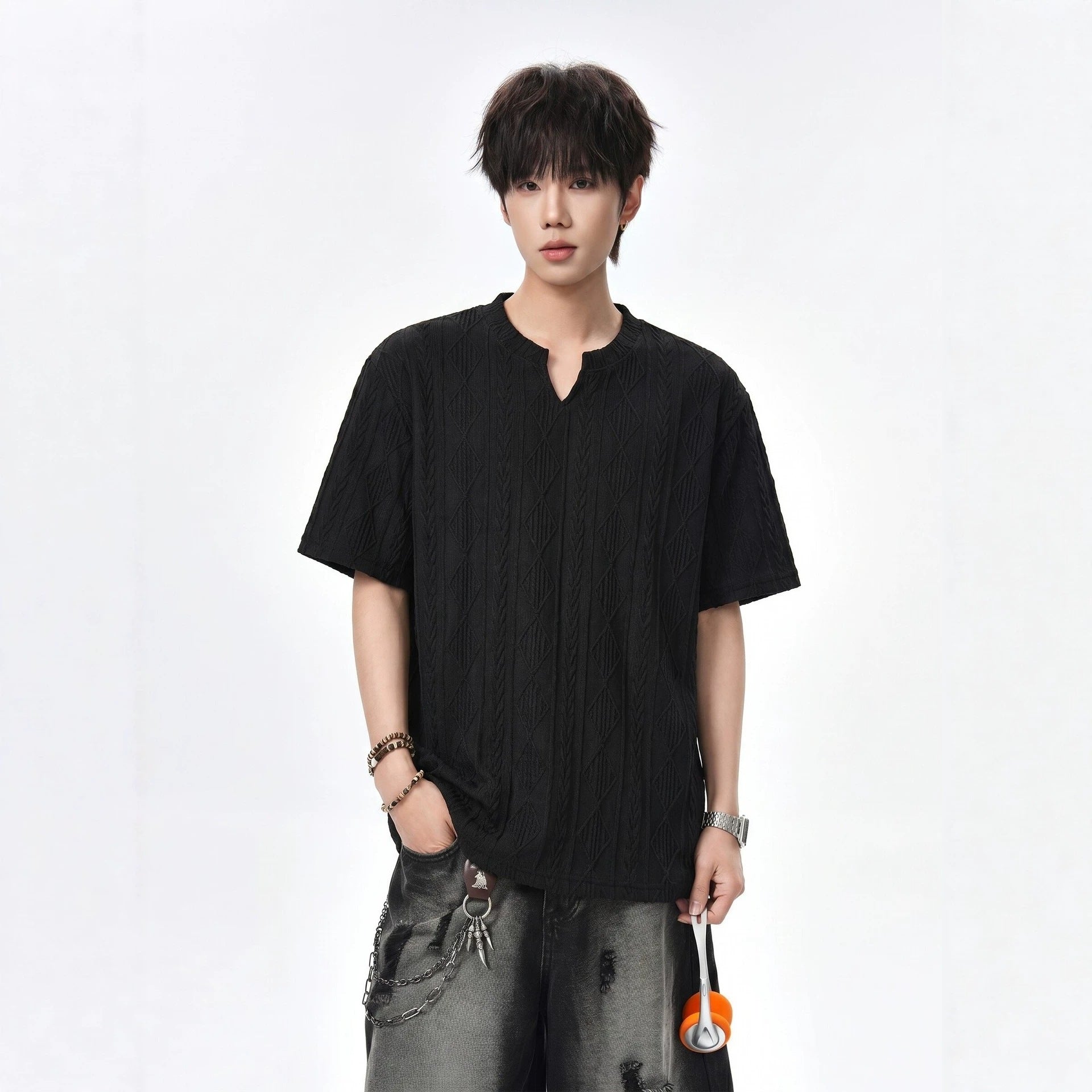 White Textured Hollow Out V Neck Short Sleeve Loose Fit T Shirt For Men