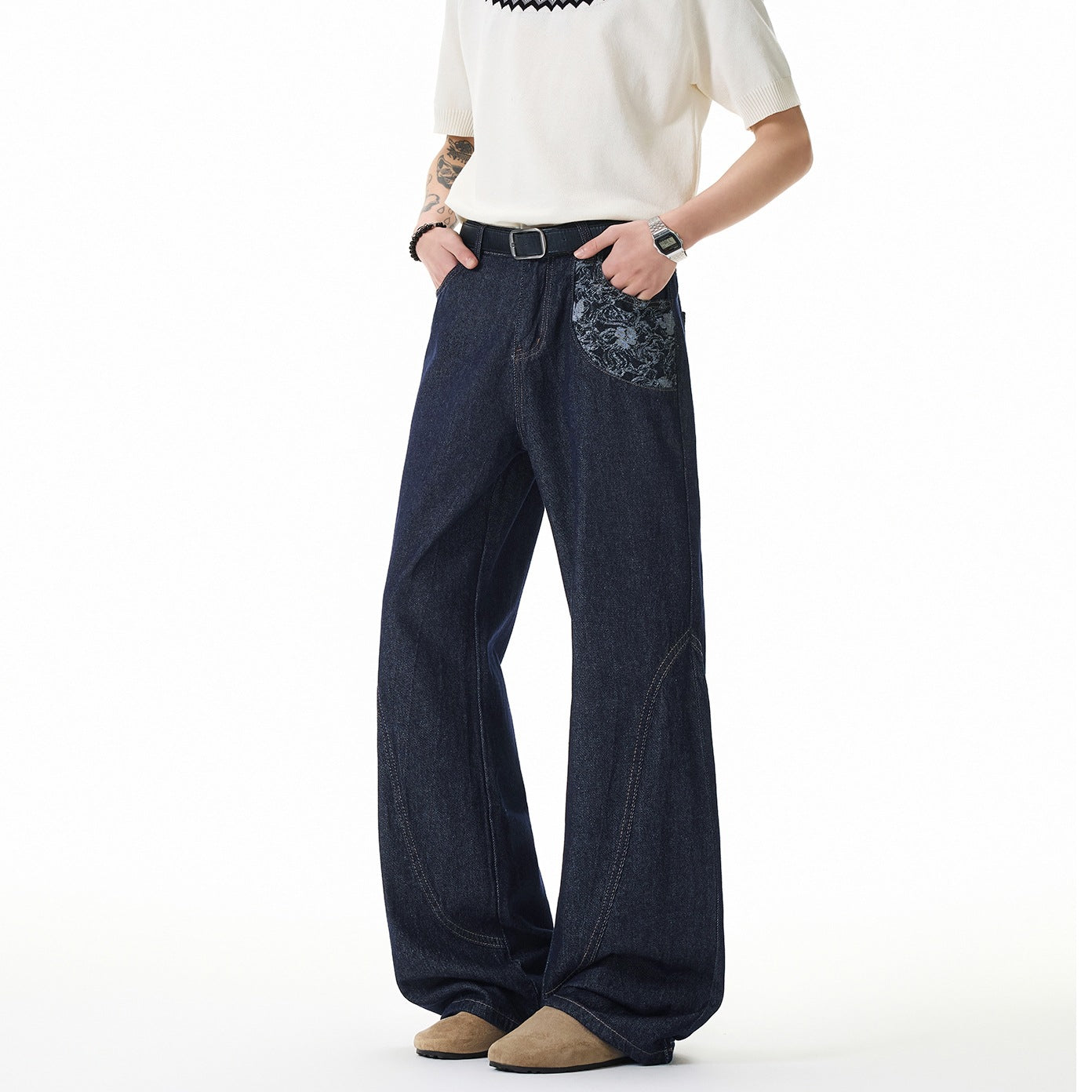 Mens Wide Leg Jeans Black Cotton Denim Streetwear Embroidered Loose Fit