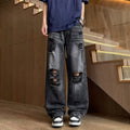 Men Distressed Ripped Jeans Loose Fit Cotton Denim Long