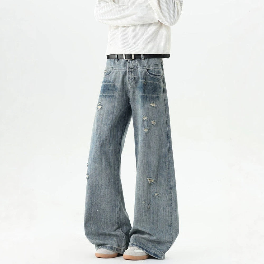 Blue Bamboo Texture Distressed Washed Jeans Oversized Tapered Straight Leg